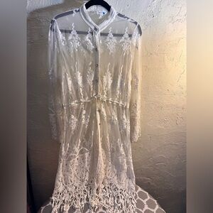 Lace Kimono by Given Kale crochet lace crystal buttons ribbon tie bohemian Y2K